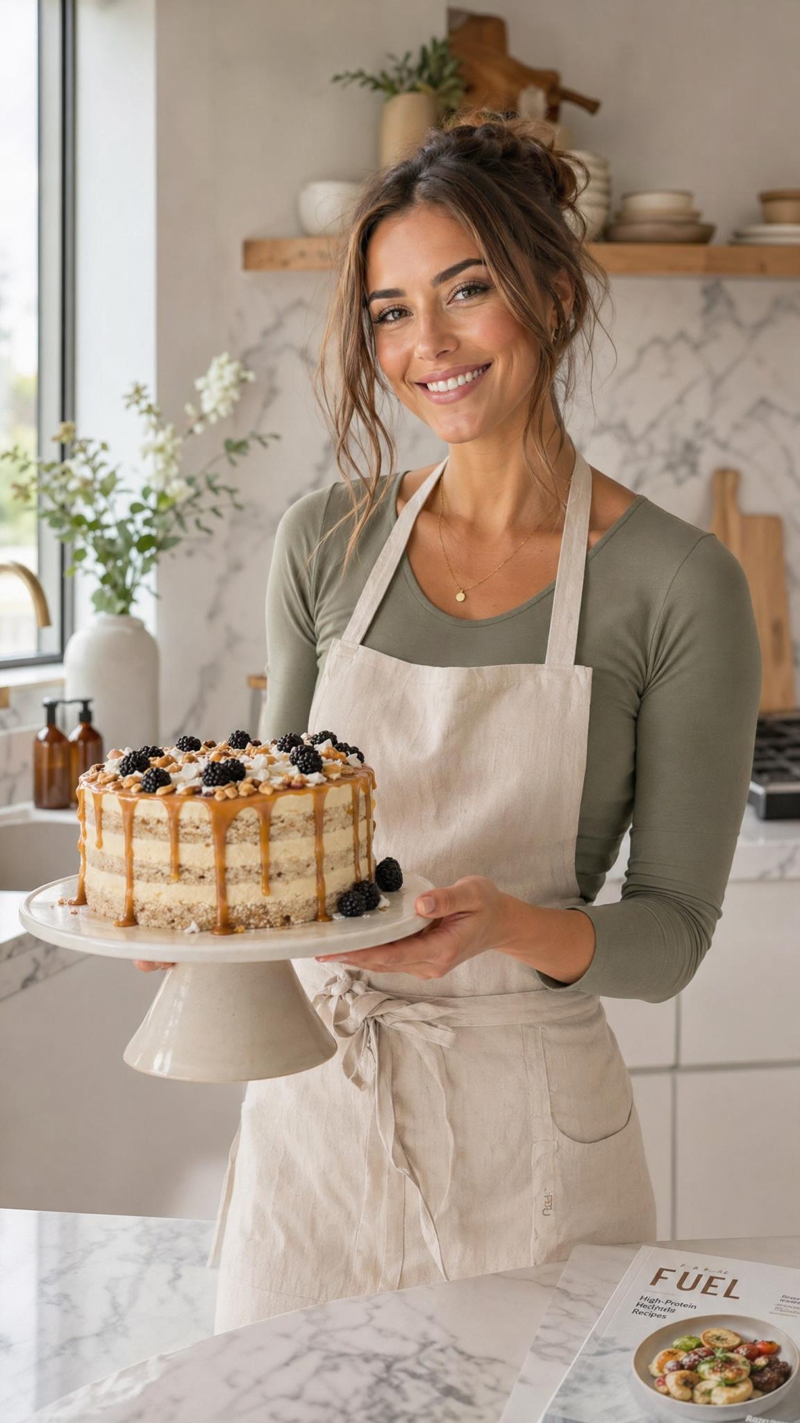 Remi, the founder of LiftAndBake, smiling in her kitchen holding a high-protein layer cake on a marble counter