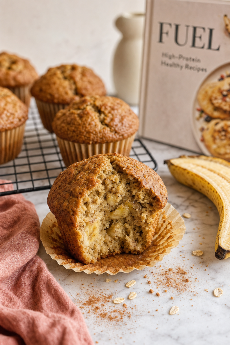 Tall golden-brown high-protein banana muffin with a kraft paper liner and one bite taken out, with more muffins on a wire rack and a halved ripe banana on white marble