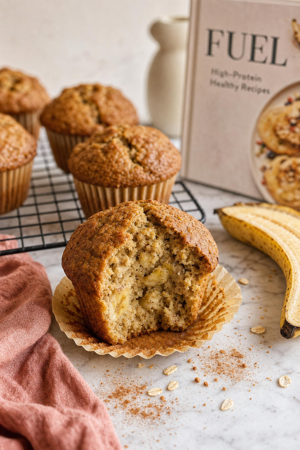 High protein banana muffins on a wire rack