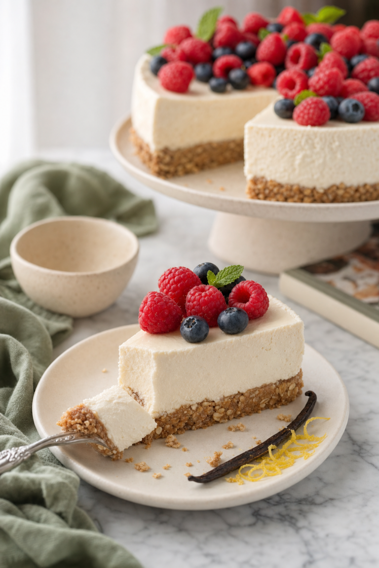 Slice of no-bake cottage cheese cheesecake on an ivory plate with fresh berries, lemon zest, and a sage linen napkin on white marble